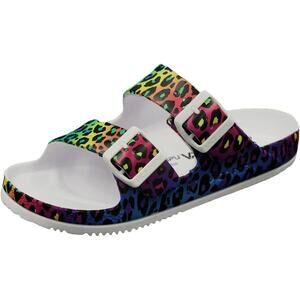 Vict Popu Womens Size 6.5 Rainbow Leopard Slide On Double Buckle Comfort Sandals